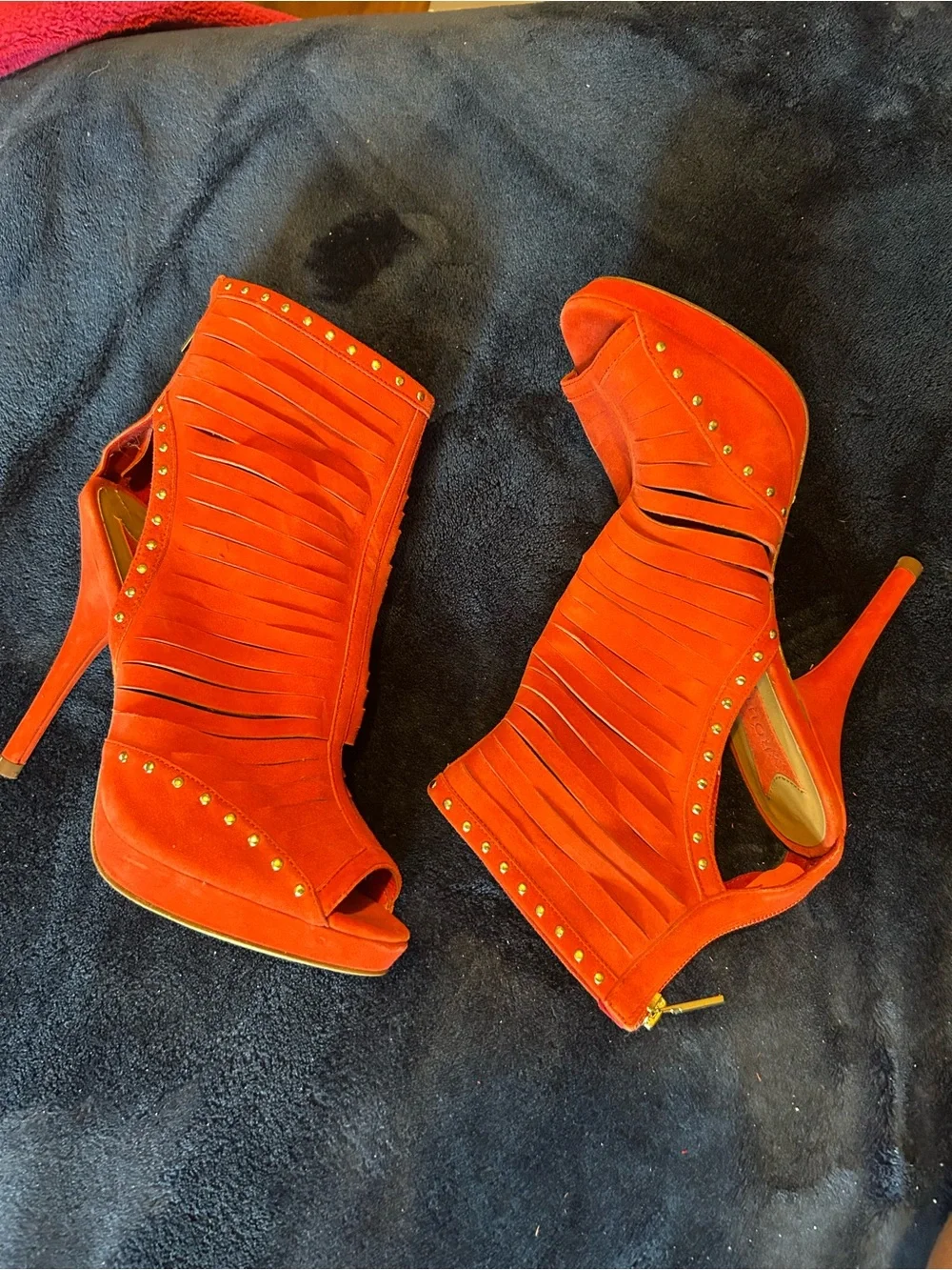 Boutique 9 Reddish Orange Suede Peep-Toe Platform Bootie with Gold Studs